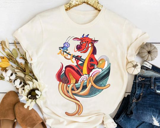 Disney Mulan Funny Mushu Dragon & Cri-Kee With Ramen T-Shirt, Disney T-Shirt