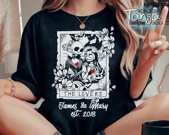 Personalized Jack and Sally Tarot Card The Lovers T-shirt, Custom Halloween Couple Matching T-Shirt