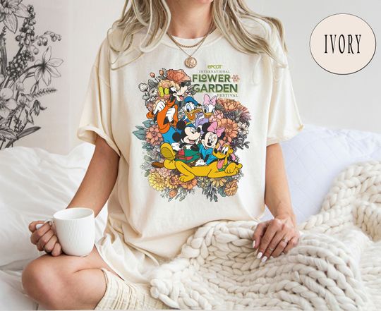 Discover Epcot Flower & Garden Festival 2025 T-Shirt, Custom character Mickey Minnie Figment floral T-Shirt, Epcot center 1982 T-Shirt