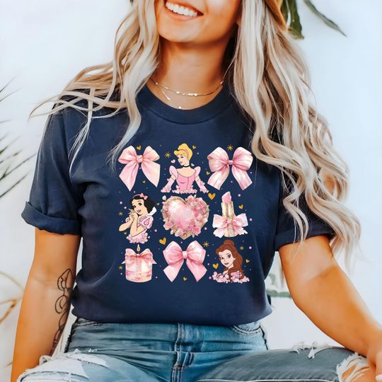 Coquette Disney Princess T-Shirt, Valentines Princess T-Shirt, Coquette Pink Bow T-Shirt, Princes Belle Cinde T-Shirt