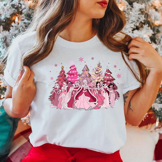 Disney Princess Christmas T-Shirt, Christmas Tree T-Shirt, Christmas Pink Tree T-Shirt, Disney Princess T-Shirt