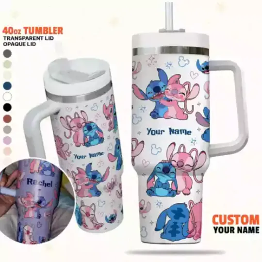 Custom Disney Friends Stitch and Angel Colorful Tumbler, Personalized Disney 40oz