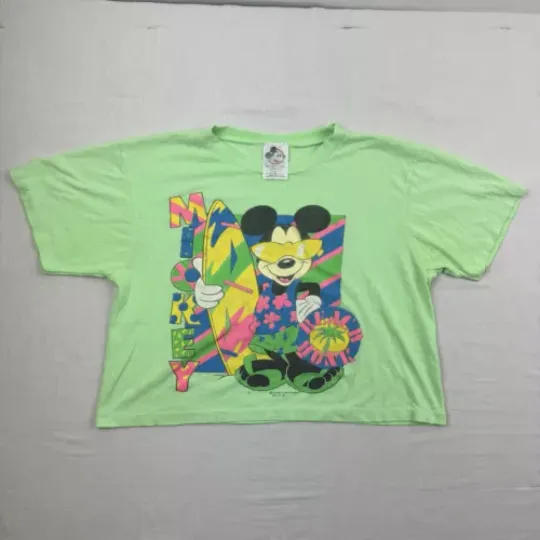 Vintage Mickey Mouse Crop Top T Shirt Womens Medium Green Disney World 80s 90s
