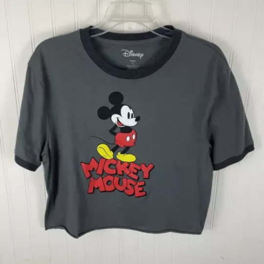 Discover Disney Womens Gray Classic Mickey Mouse Crop Top Ringer T Shirt  Size L