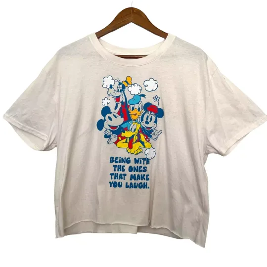 Disney Mickey and Friends Top Womens XL Crop Make you laugh Raw Edge Y2K