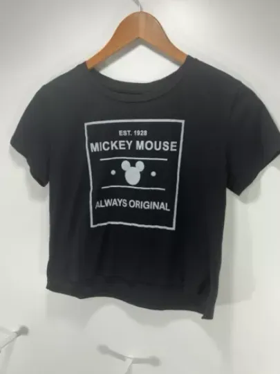 Disney Mickey Mouse Womens Crop Top Always Original Black Graphic T-Shirt Size S