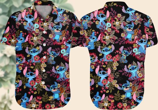 Discover Stitch Tropical Button Shirt, Stitch Aloha Men Shirt, Disney Cartoon Hawaii Shirt, Lilo And Stitch Couple Shirt, Disney Button Down Shi