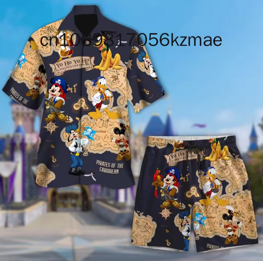 Mickey Mouse Cruise Pirate Hawaii Beach Shirt Shorts Set Casual Beach Vacation Short Sleeve Set Disney Beach Retro Button Shirt