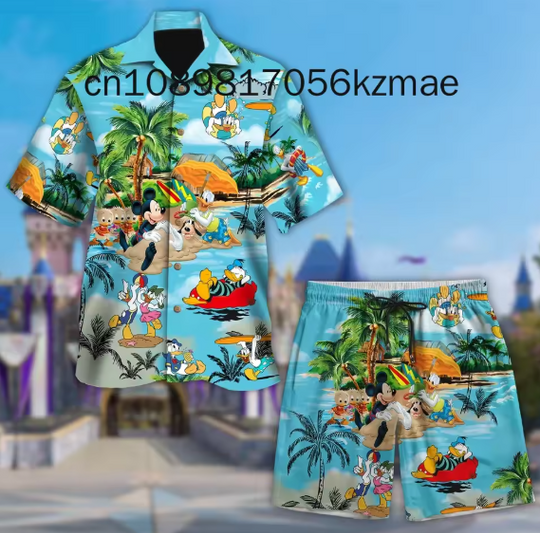 Discover Mickey Animal Safari Hawaiian Shirt Shorts Set Disney Leisure Beach Vacation Short Sleeve Set Beach Retro Button Shirt