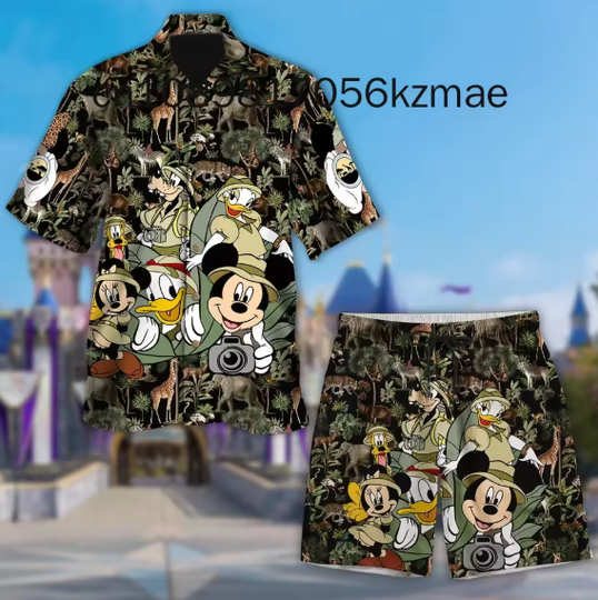 Mickey Animal Safari Hawaiian Shirt Shorts Set Disney Leisure Beach Vacation Short Sleeve Set Beach Retro Button Shirt