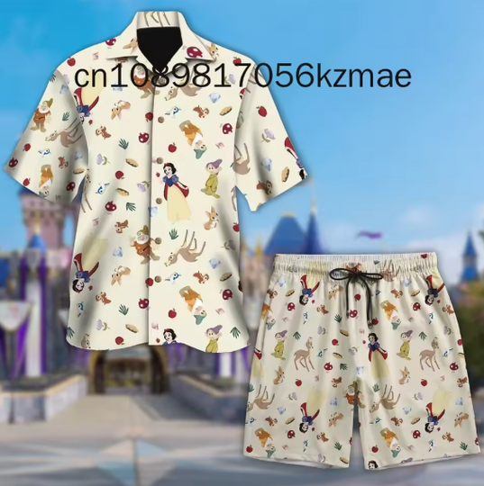 Disney Princess Men Women Hawaiian Shirt Set of 2 Vintage Button Up Shirt Board Shorts Casual Set