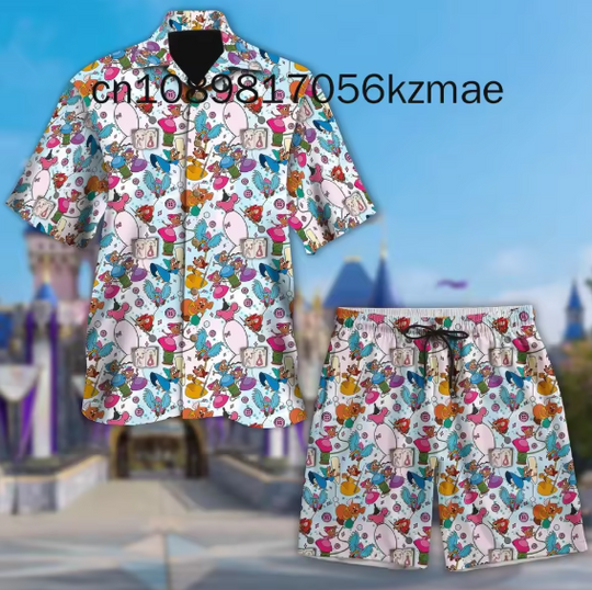 Disney Princess Men Women Hawaiian Shirt Set of 2 Vintage Button Up Shirt Board Shorts Casual Set