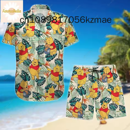 Winnie The Pooh Hawaiian Shirt Shorts Set Casual Beach Vacation Short Sleeve Set Disney Beach Shorts Retro Button Shirt