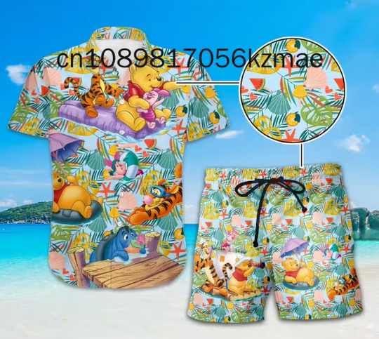 Winnie The Pooh Hawaiian Shirt Shorts Set Casual Beach Vacation Short Sleeve Set Disney Beach Shorts Retro Button Shirt