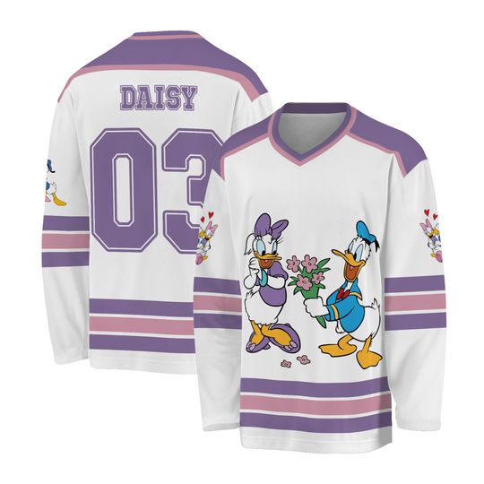 Personalize Donald & Daisy Couple Love Valentine Purple, Ice Hockey Jersey Sweatshirt Team Disneyland Family Birthday Gift
