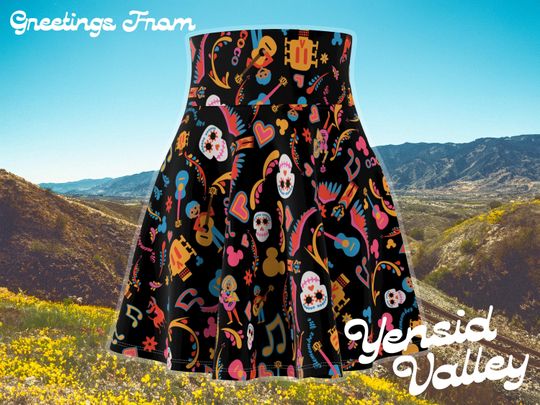 Black All Over Print Women's Skater Skirt with Coco Movie Characters Collage Colorful Graphic Skirt | Day of the Dead Inspired Gift USA made