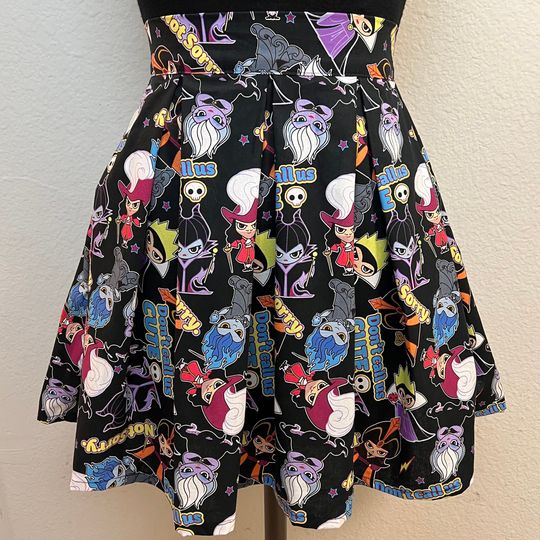 Handmade Skirt with POCKETS! Printed Pleated High Waisted Skater Skirt Made with Disney Villains Dont Call Me Cute Fabric