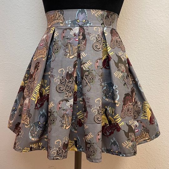 Handmade Skirt with POCKETS! Printed Pleated High Waisted Skater Skirt Made with Disney Villains Grey Fabric