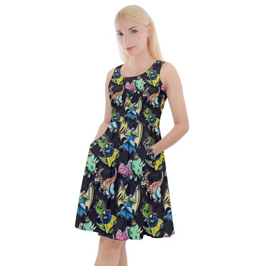 Dinosaur princess characters print skater dress- Sizes S- 5XL plus size