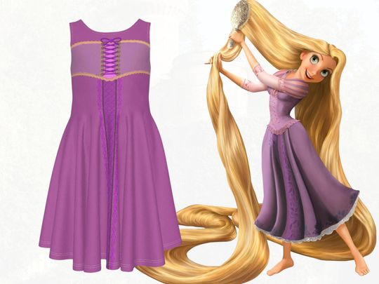 Rapunzel Girls Inspired Sleeveless Skater Dress, Cosplay, Halloween Dress, Gift for Daughter, Kids Halloween Costume