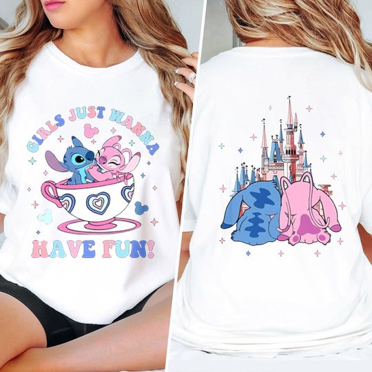 Funny Couple Stitch And Angel Girls Just Wanna Have Fun Shirt, Stitch Angel Movie Character Shirt, Stitch Blue Dog Monster Castle Trip Shirt