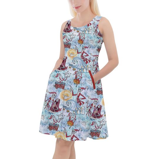 Santa Jack with Sally & Zero - Disney Inspired Skater Dress With Pockets