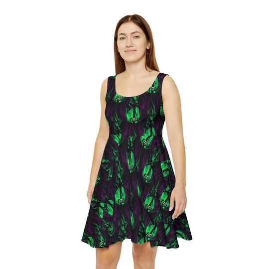 Dr. Facilier Inspired Skater Dress, Disney Princess and the Frog Details, Purple and Green Flame Design, All Over Print, Handmade Artwork