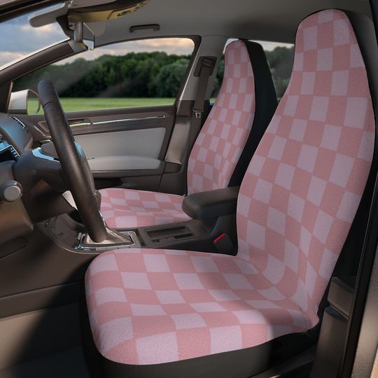 Pink Checkered Car Seat Covers, Checkerboard Car Accessories, Pink Checkerboard Car Seat Cover For Women