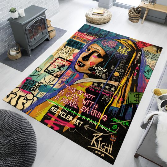 Girl with Pearl Earrings,Pop Art Rug,Graffiti Rug,Colorful Art Rug,Women Rug,Cool Rug,Area Rug,Rugs for Living Room,Gifts For Him