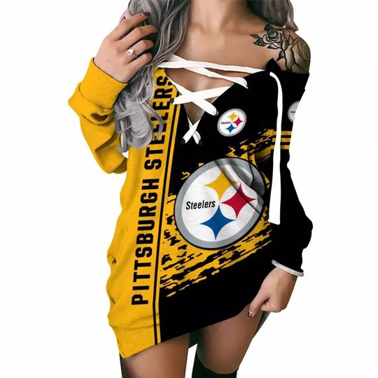 Pittsburgh Steeler V-Neck Lace Up Hoodie Dress Womens Pullover Sweatshirt Dress