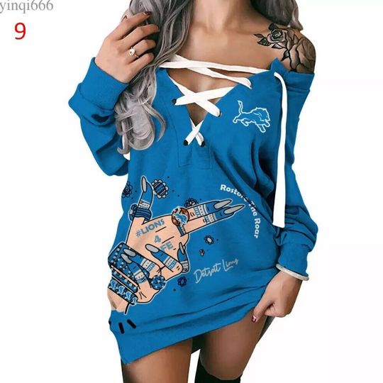 Detroit Lions V-Neck Lace Up Hoodie Dress Womens Pullover Sweatshirt Dress Gift
