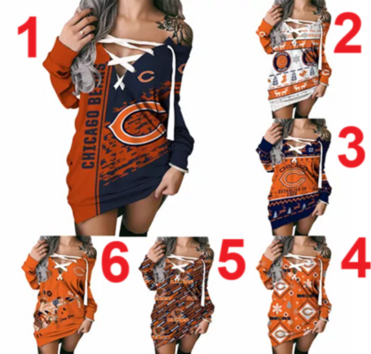 Chicago Bears V-Neck Lace Up Hoodie Dress Womens Pullover Sweatshirt Dress Gift