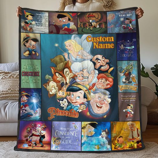 Custom Pinocchio Pictures Collage Blanket, Cartoon Movie Blanket, Pinocchio Cartoon Birthday Blanket, Pinocchio Fleece Blanket