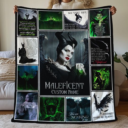 Custom Maleficent Pictures Collage Blanket, Maleficent Cartoon Birthday Blanket, Personalized Disneyland Maleficent Fleece Blanket