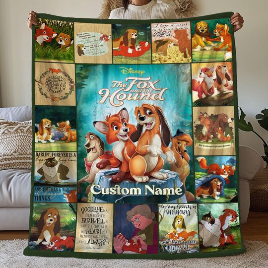 Custom The Fox And The Hound Pictures Collage Blanket, The Fox And The Hound Cartoon Birthday Blanket, The Fox And The Hound Fleece Blanket