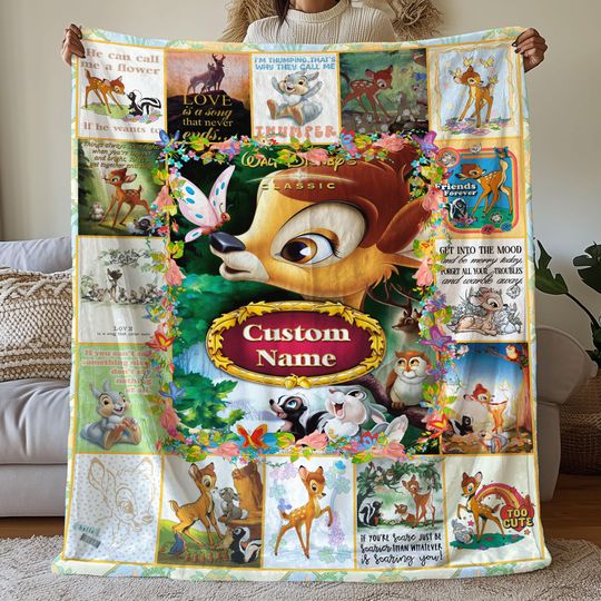 Custom Bambi Pictures Collage Blanket, Cartoon Movie Blanket, Bambi Cartoon Birthday Blanket, Personalized Disneyland Bambi Fleece Blanket