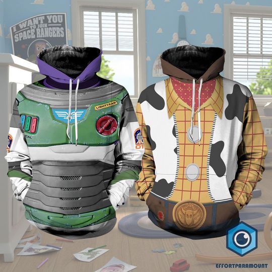 Woody and Buzz Lightyear Halloween Cosplay Costume, Toy Story Full Over Print Costume Hoodie, Toy Story Halloween Shirt, Toy Story Birthday