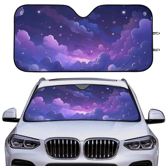 Purple Cute cloud Starry Sky Car sunshade windshield cover decor accessories, Witchy Whimsical kawaii violet Universe Window Sun Blocker