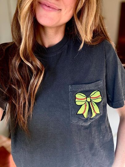 Softball Bow Shirt, Softball Mom Pocket Tee, Baseball Mom Shirt