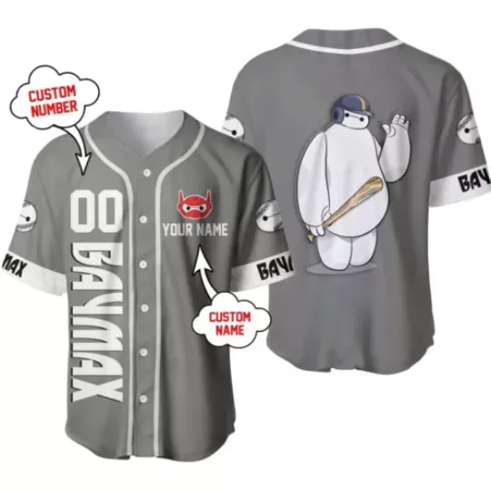 Baymax Big Hero Grey White Disney Unisex Cartoon Custom Baseball Jersey