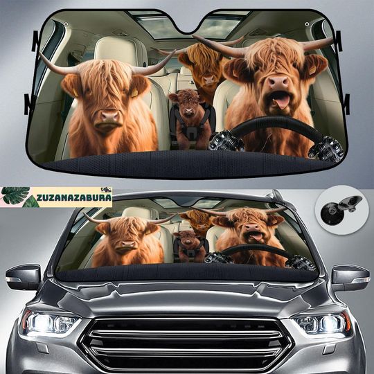 Highland Cow Car Sunshade, Cow Sunshade, Heifer Car Decoration, Heifer Car Windshield, Car Sun Protector, Cow Car Sun Protector