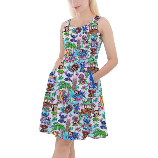 Bright Lilo and Stitch Hand Drawn - Disney Inspired Skater Dress With Pockets   - RUSH AVAIL!