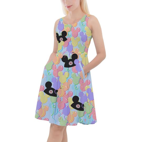 Pastel Mickey Ears Balloons Disney Inspired - Disney Inspired Skater Dress With Pockets