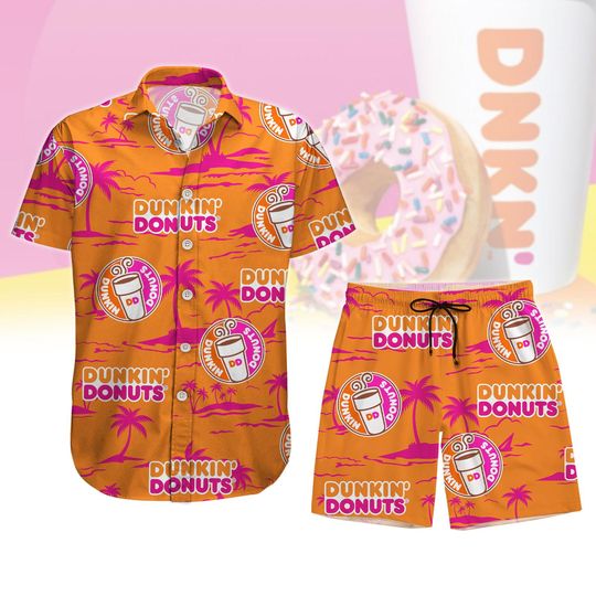 Dunkin Donuts Button Shirt, Coffee Lover Hawaiian T-Shirt, Donuts Man Short, Iced Coffee Swim Short For Man, Gift For Mom