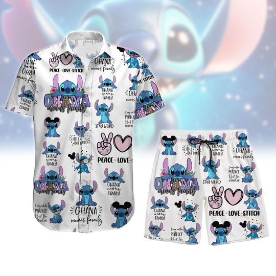 Stitch Ohana Button Shirt, Disney Stitch Man Short, Ohana Means Family Hawaii T-Shirts, Disney Cartoon Vacation Swim Short