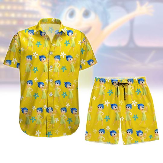 Inside Out Joy Button Shirt, Disney Emotions Summer Short, Mental Health Hawaii T-Shirt, Joy Its Okay To Feel Beach Shorts For Men Wome