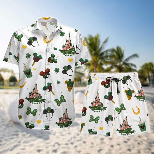 Discover Mickey Saint Patricks Day Shirt, Lucky Shamrock Button Shirt, Mouse Head Summer Short For Men, Family Vacation Shirt, Irish Day Gift