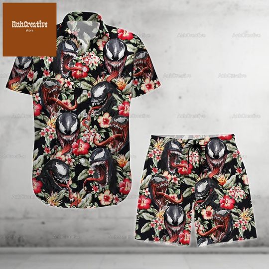 Venom Button Shirt And Shorts, Venom Hawaiian Shirt, Venom Shirt, Superhero Shirt, Avenger Shirt, Summer Shirt, Beach Shirt, Venom Gift