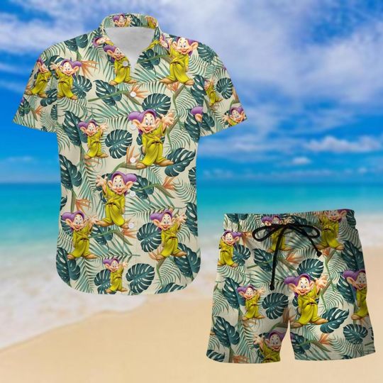 Disney Dopey Hawaii Shirt, Seven Dwarfs Shorts, Disney Cartoon Hawaiian Shirt, Snow White Dopey Beach Shorts, Gift For Him