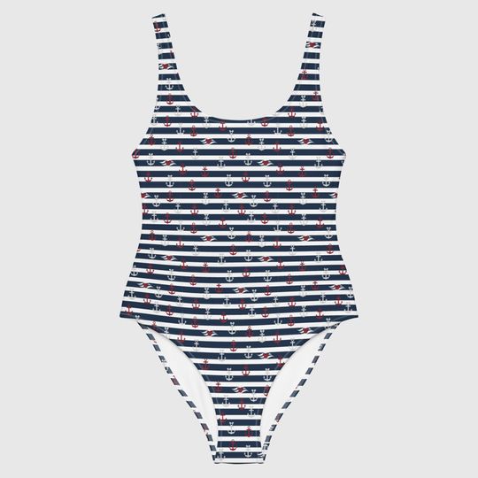 Nautical Anchors and Disney Cruise Line Logo Striped All-Over Print One-Piece Swimsuit | DCL